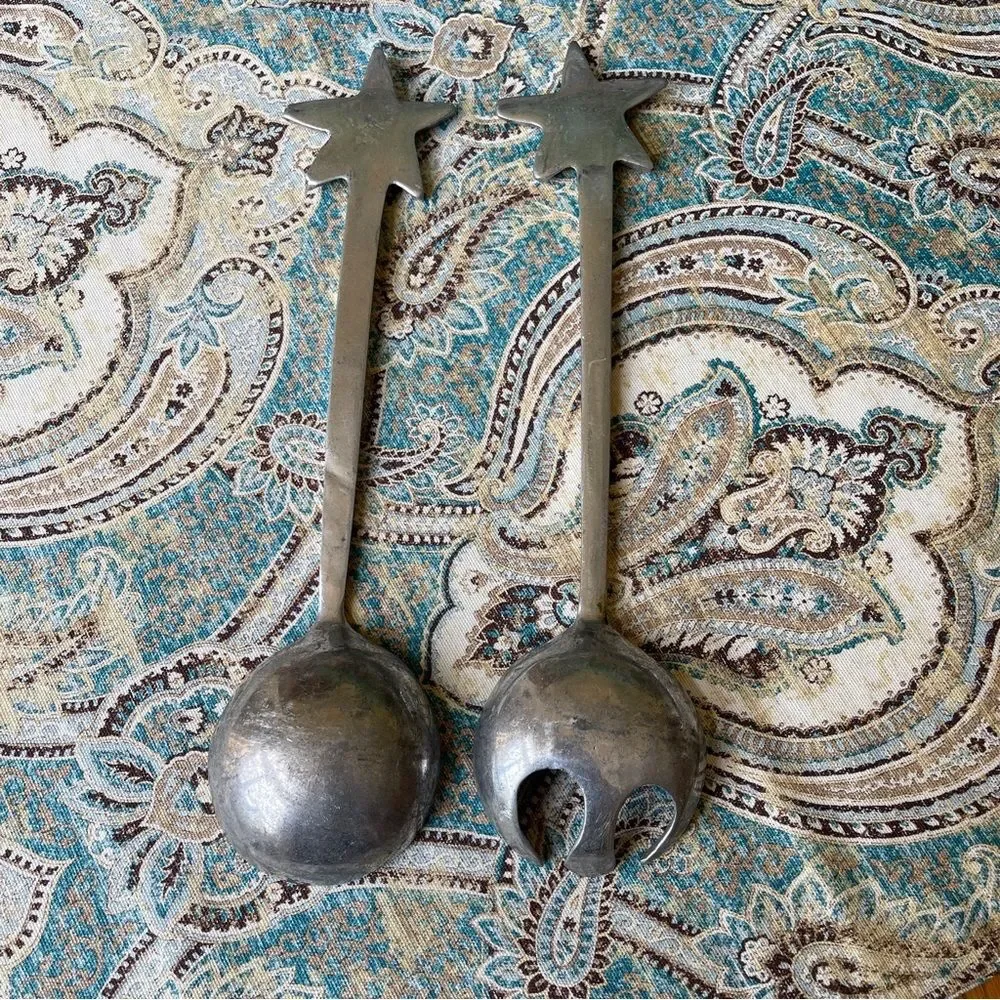 Metal Coastal Starfish salad server set Pewter or aluminum vintage